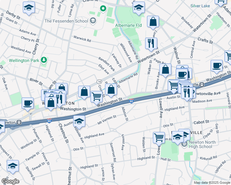 map of restaurants, bars, coffee shops, grocery stores, and more near 50 Parsons Street in Newton