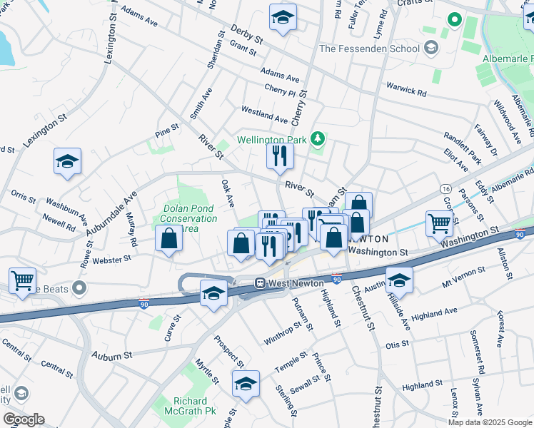 map of restaurants, bars, coffee shops, grocery stores, and more near 45 Elm Street in Newton