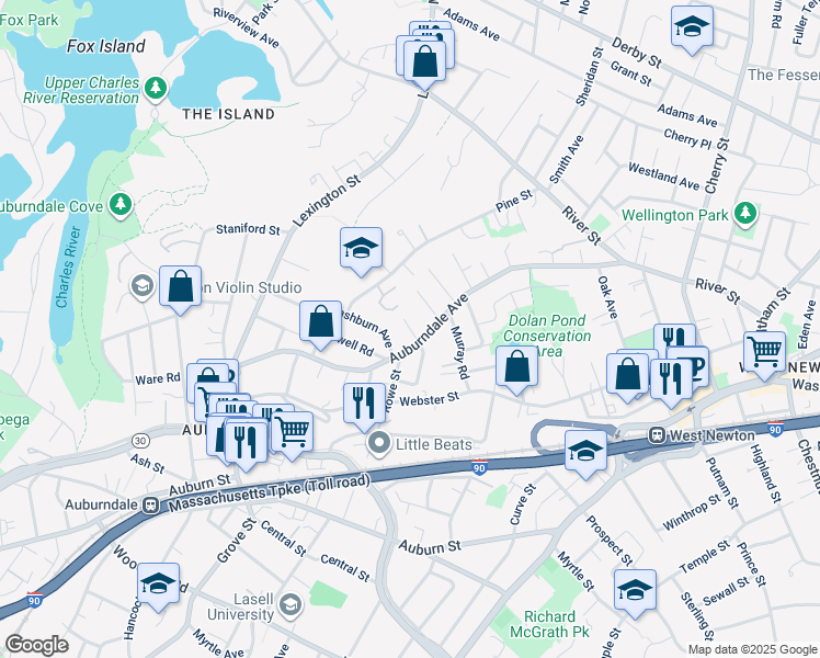 map of restaurants, bars, coffee shops, grocery stores, and more near 181 Auburndale Avenue in Newton