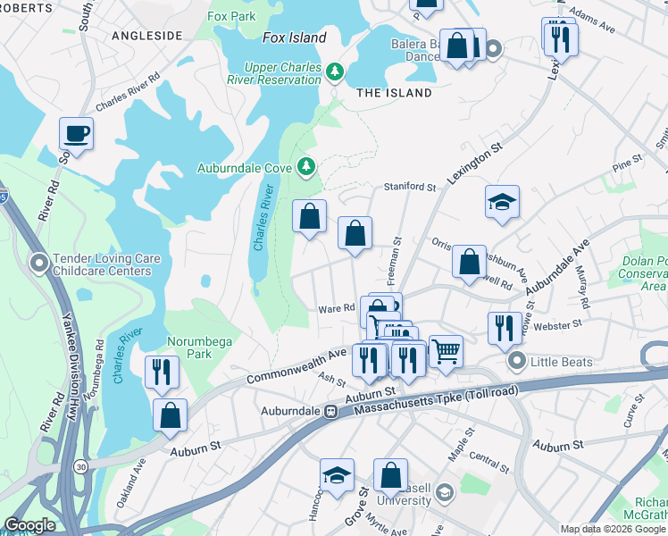 map of restaurants, bars, coffee shops, grocery stores, and more near 16 Chaske Avenue in Newton
