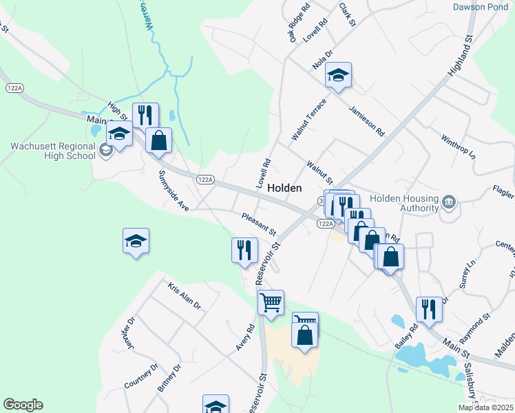 map of restaurants, bars, coffee shops, grocery stores, and more near 10 Fruit Street in Holden