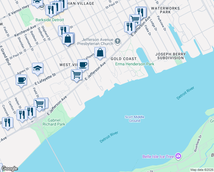 map of restaurants, bars, coffee shops, grocery stores, and more near 8120 East Jefferson Avenue in Detroit