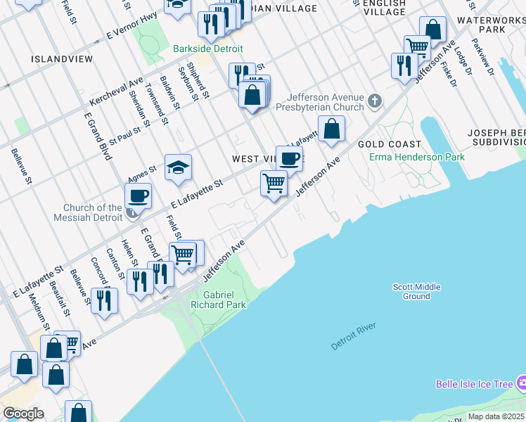 map of restaurants, bars, coffee shops, grocery stores, and more near in Detroit
