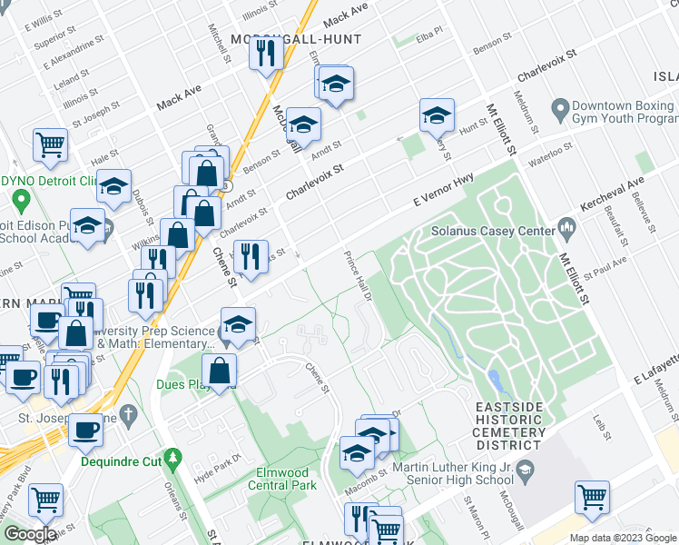 map of restaurants, bars, coffee shops, grocery stores, and more near 2326 Prince Hall Drive in Detroit