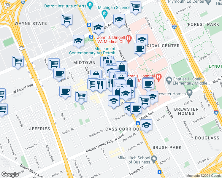 map of restaurants, bars, coffee shops, grocery stores, and more near 70 West Alexandrine Street in Detroit