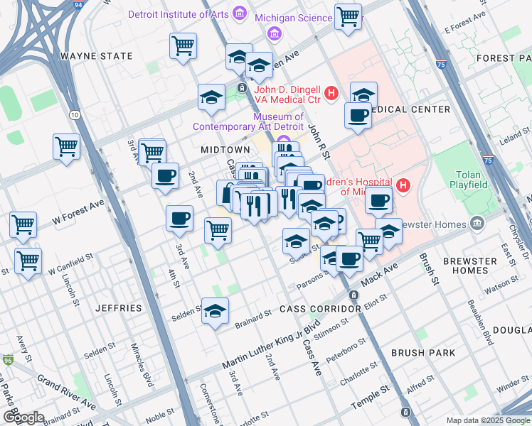 map of restaurants, bars, coffee shops, grocery stores, and more near 115 West Willis Street in Detroit