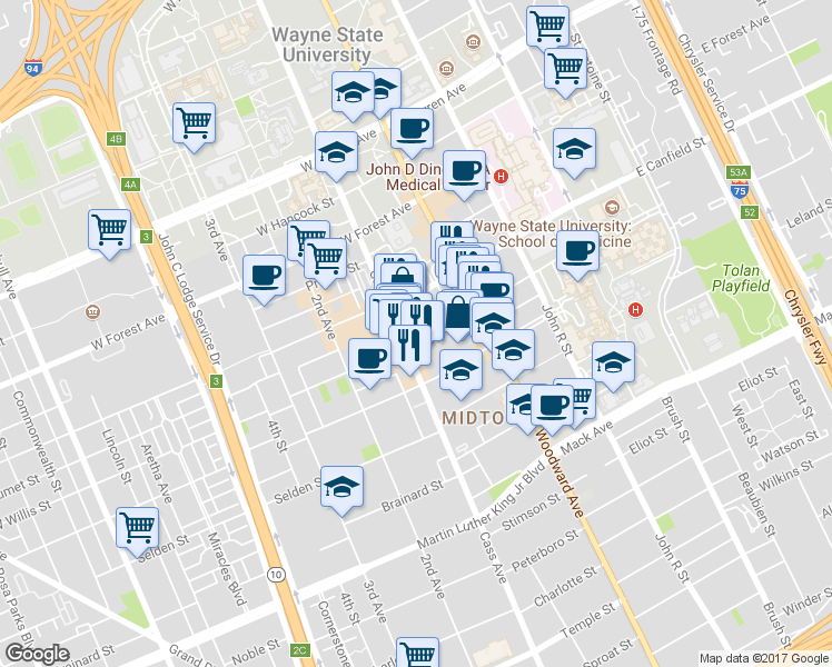 map of restaurants, bars, coffee shops, grocery stores, and more near 115 West Willis Street in Detroit
