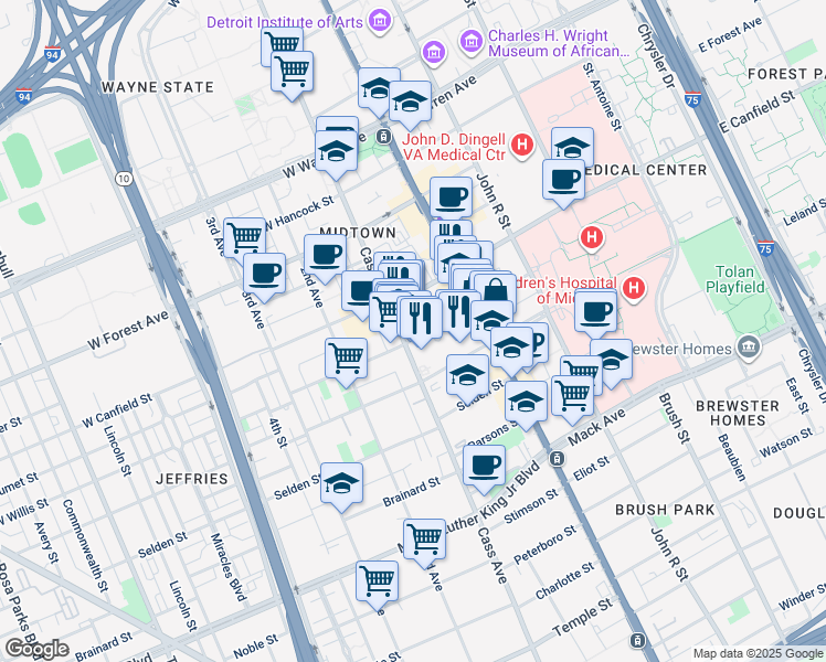 map of restaurants, bars, coffee shops, grocery stores, and more near 132 West Willis Street in Detroit