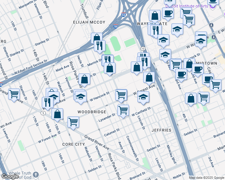 map of restaurants, bars, coffee shops, grocery stores, and more near 1534 West Hancock Street in Detroit