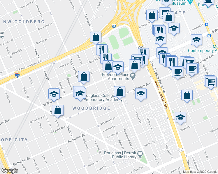 map of restaurants, bars, coffee shops, grocery stores, and more near 1534 West Hancock Street in Detroit
