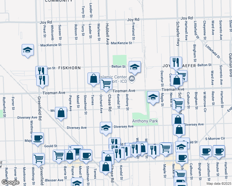 map of restaurants, bars, coffee shops, grocery stores, and more near 14439 Tireman Avenue in Dearborn