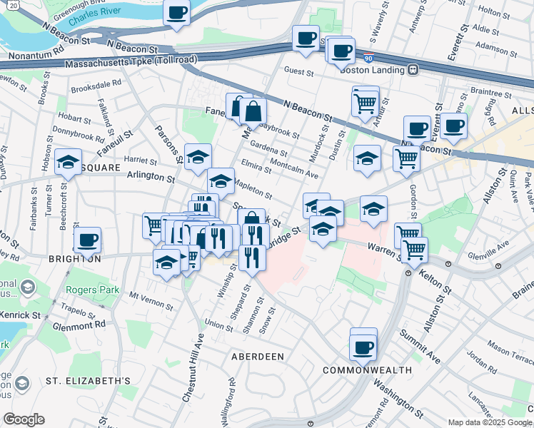 map of restaurants, bars, coffee shops, grocery stores, and more near 11 Sparhawk Street in Boston