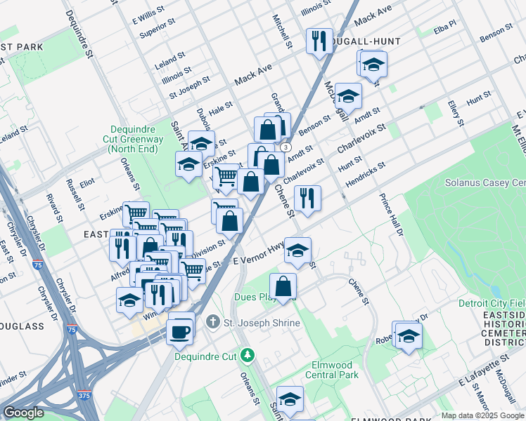 map of restaurants, bars, coffee shops, grocery stores, and more near 2234 Gratiot Avenue in Detroit