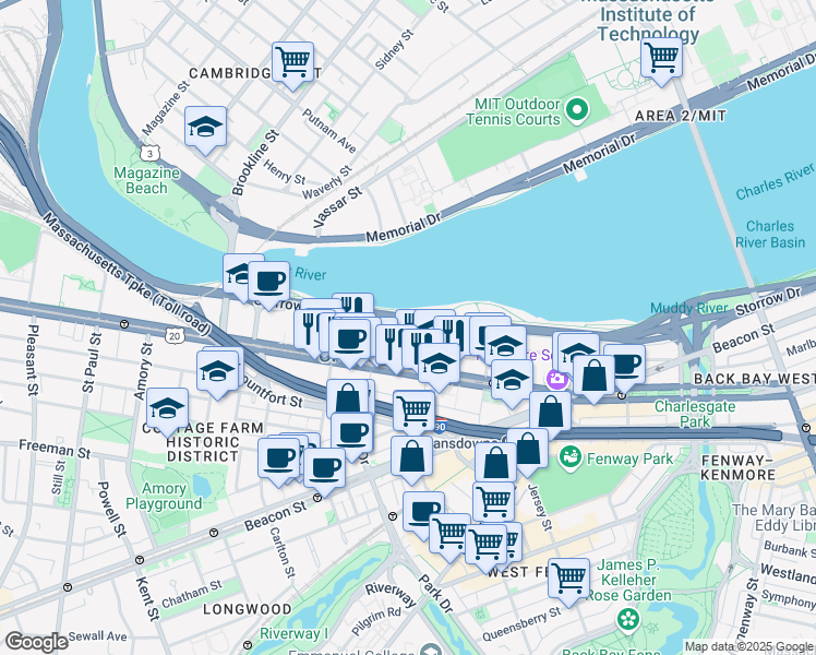 map of restaurants, bars, coffee shops, grocery stores, and more near 225 Bay State Road in Boston