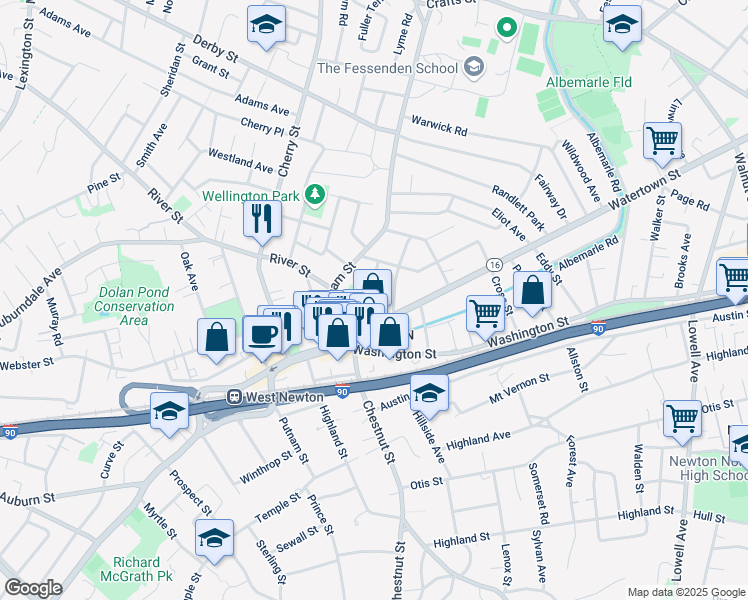map of restaurants, bars, coffee shops, grocery stores, and more near 38 Eden Avenue in Newton