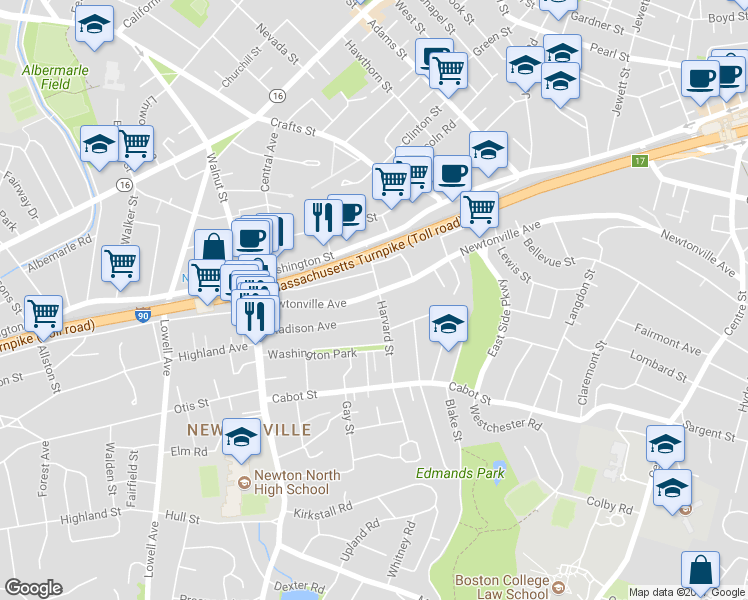 map of restaurants, bars, coffee shops, grocery stores, and more near 356 Newtonville Avenue in Newton