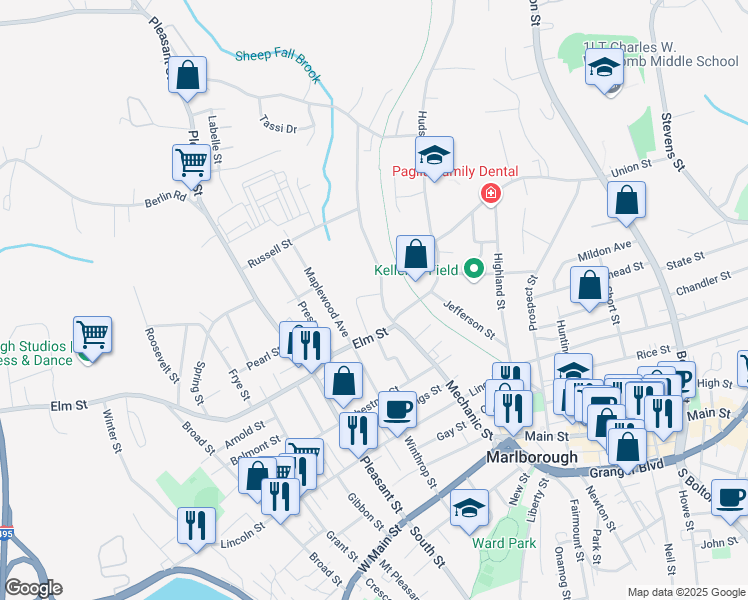 map of restaurants, bars, coffee shops, grocery stores, and more near 188 Mechanic Street in Marlborough