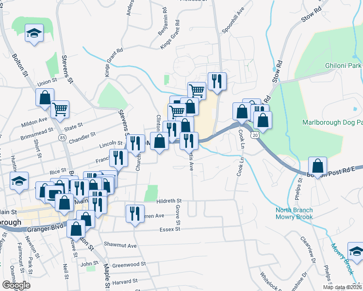 map of restaurants, bars, coffee shops, grocery stores, and more near 225 East Main Street in Marlborough