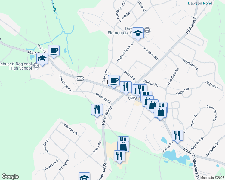 map of restaurants, bars, coffee shops, grocery stores, and more near 1213 Main Street in Holden