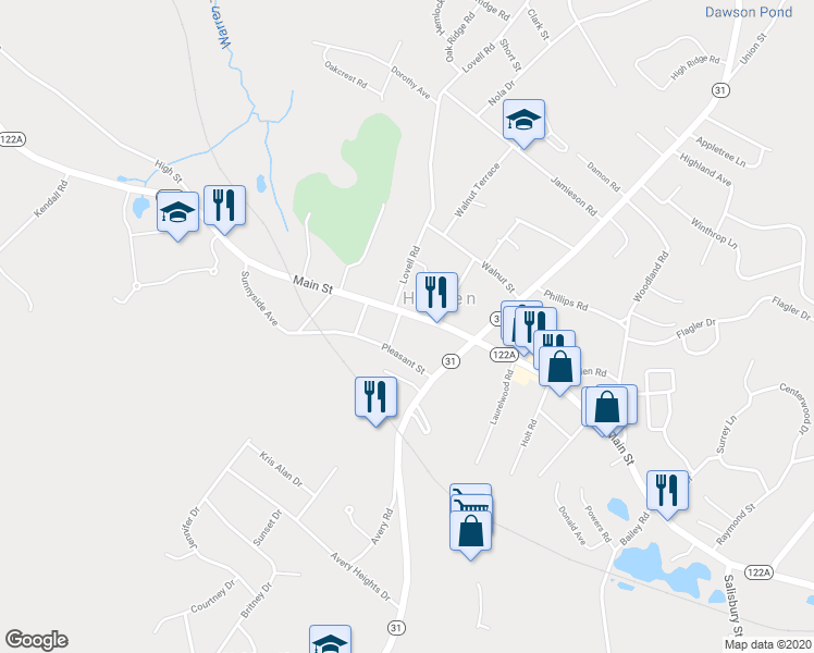map of restaurants, bars, coffee shops, grocery stores, and more near 1229 Main Street in Holden
