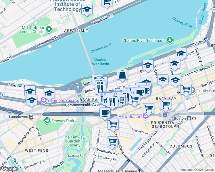 map of restaurants, bars, coffee shops, grocery stores, and more near 457 Beacon Street in Boston