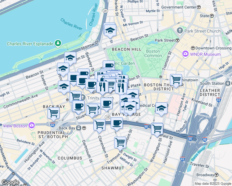 map of restaurants, bars, coffee shops, grocery stores, and more near 10 Saint James Avenue in Boston