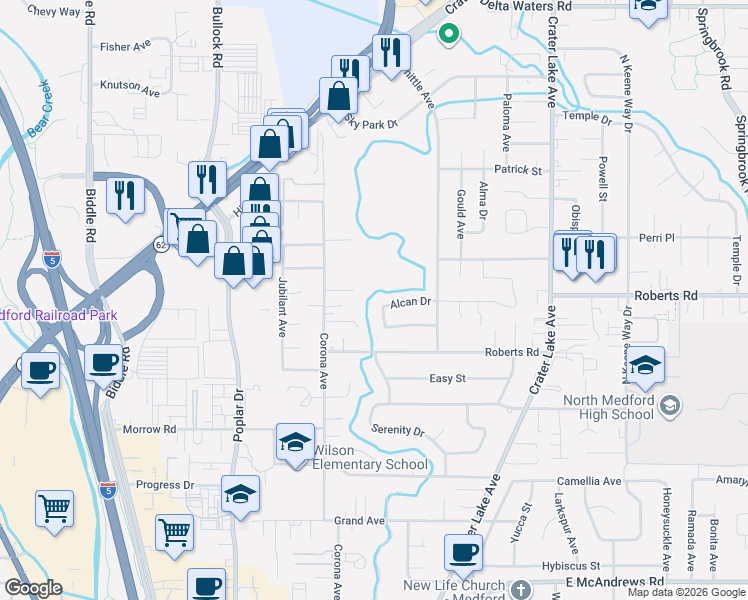 map of restaurants, bars, coffee shops, grocery stores, and more near 2241 Fairbanks Avenue in Medford