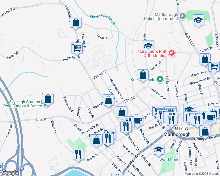 map of restaurants, bars, coffee shops, grocery stores, and more near 57 Preston Street in Marlborough