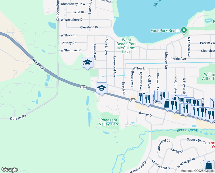 map of restaurants, bars, coffee shops, grocery stores, and more near 1616 Park Lane Avenue in McHenry