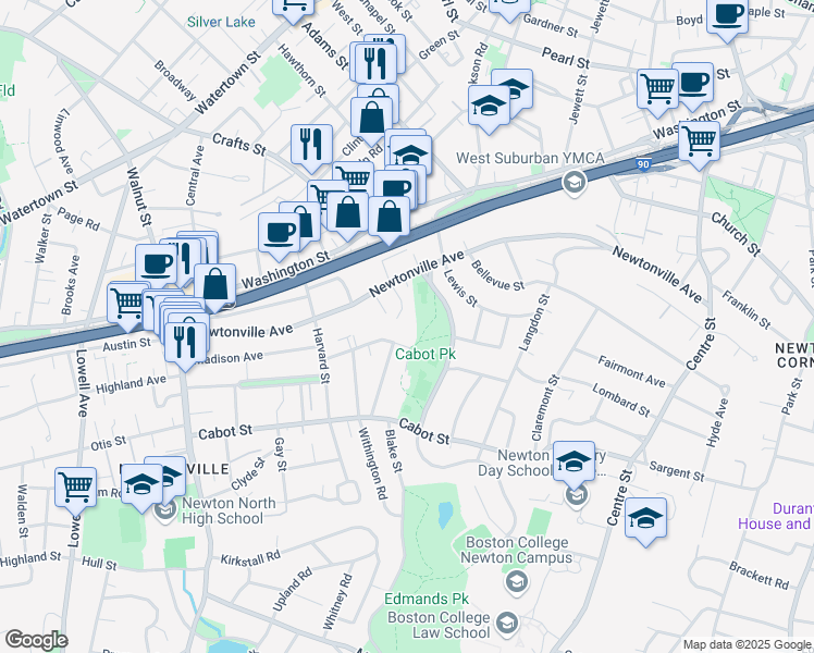 map of restaurants, bars, coffee shops, grocery stores, and more near 280 Newtonville Avenue in Newton