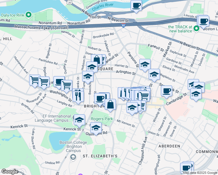 map of restaurants, bars, coffee shops, grocery stores, and more near 56 Oakland Street in Boston