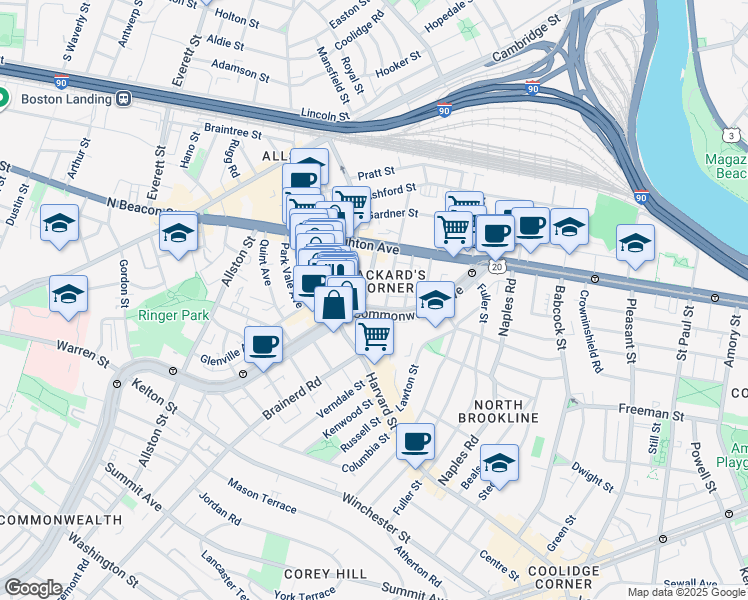 map of restaurants, bars, coffee shops, grocery stores, and more near 1197 Commonwealth Avenue in Boston