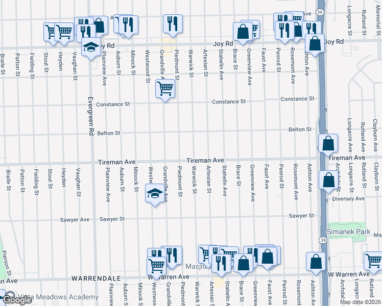 map of restaurants, bars, coffee shops, grocery stores, and more near 8029 Warwick Street in Detroit