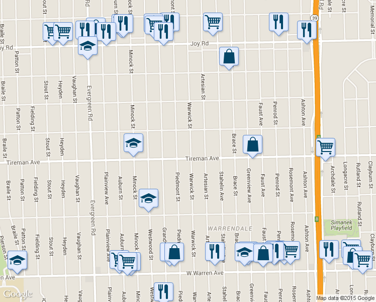 map of restaurants, bars, coffee shops, grocery stores, and more near 8029 Warwick St in Detroit