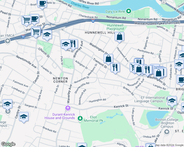 map of restaurants, bars, coffee shops, grocery stores, and more near 32 Arlington Street in Newton
