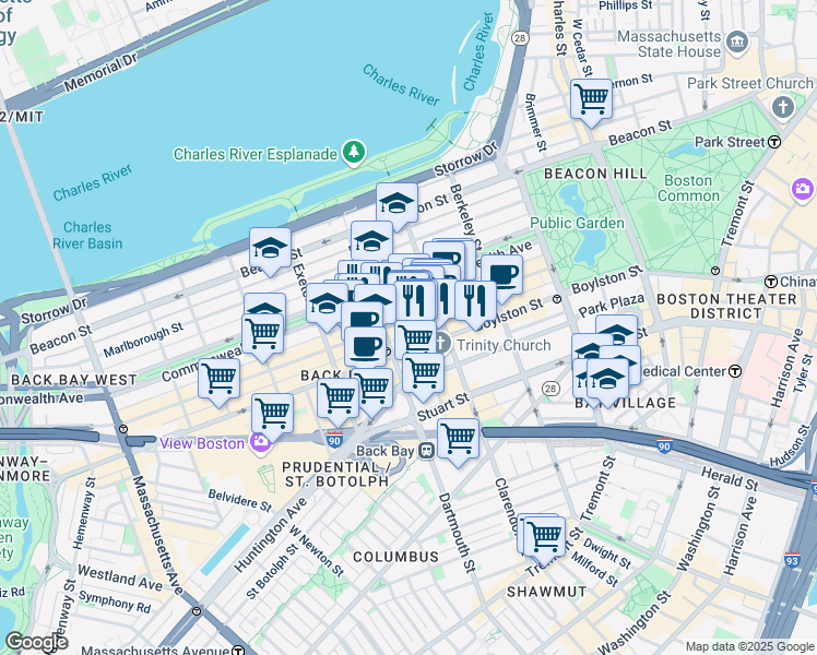 map of restaurants, bars, coffee shops, grocery stores, and more near 118 Newbury Street in Boston