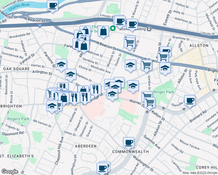 map of restaurants, bars, coffee shops, grocery stores, and more near 697 Cambridge Street in Boston