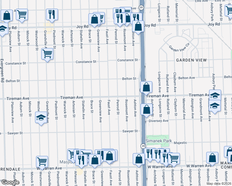map of restaurants, bars, coffee shops, grocery stores, and more near 8043 Penrod Street in Detroit