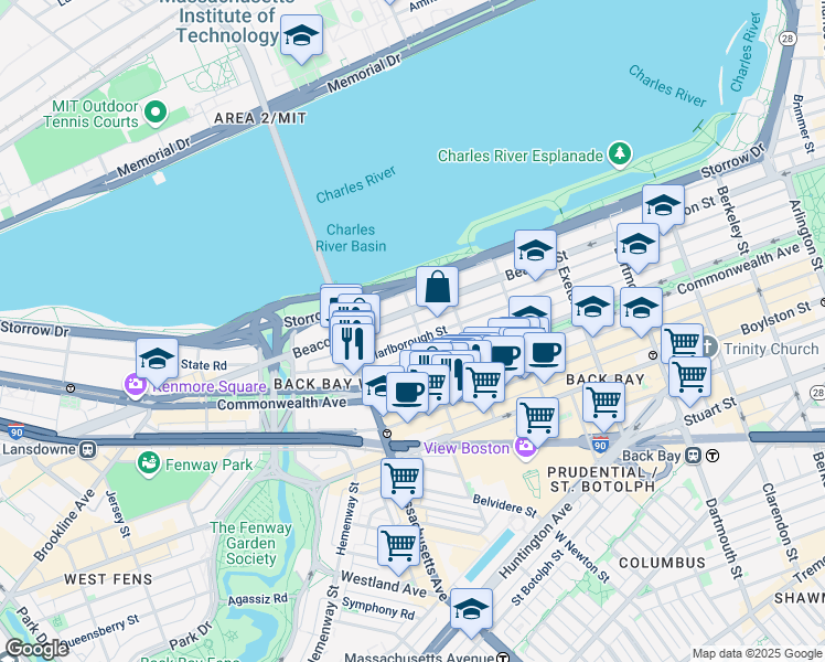 map of restaurants, bars, coffee shops, grocery stores, and more near 18 Hereford Street in Boston