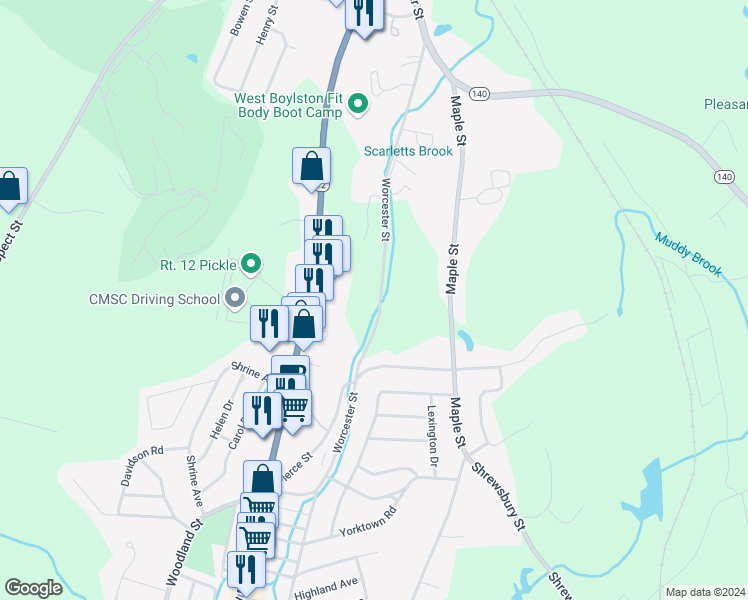 map of restaurants, bars, coffee shops, grocery stores, and more near 272 Worcester Street in West Boylston