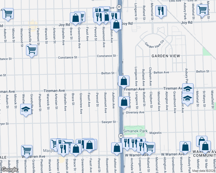 map of restaurants, bars, coffee shops, grocery stores, and more near 8018 Rosemont Avenue in Detroit