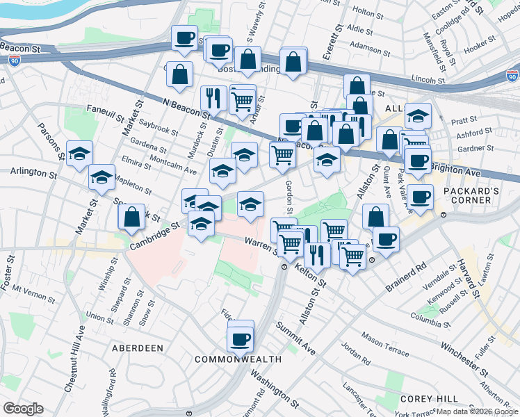map of restaurants, bars, coffee shops, grocery stores, and more near 38 Ridgemont Street in Boston