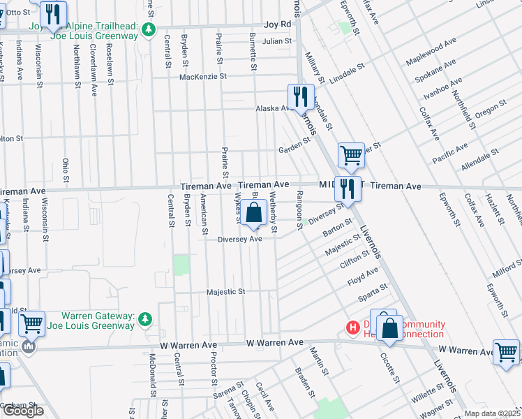 map of restaurants, bars, coffee shops, grocery stores, and more near 7792 Burnette Street in Detroit
