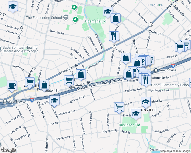 map of restaurants, bars, coffee shops, grocery stores, and more near 41 Harrington Street in Newton