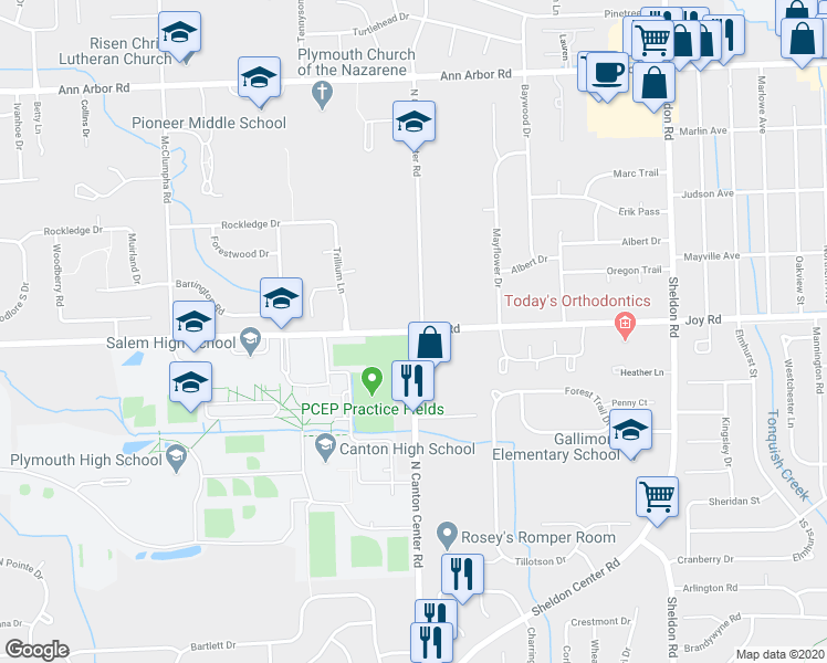 map of restaurants, bars, coffee shops, grocery stores, and more near 43443 Joy Road in Canton