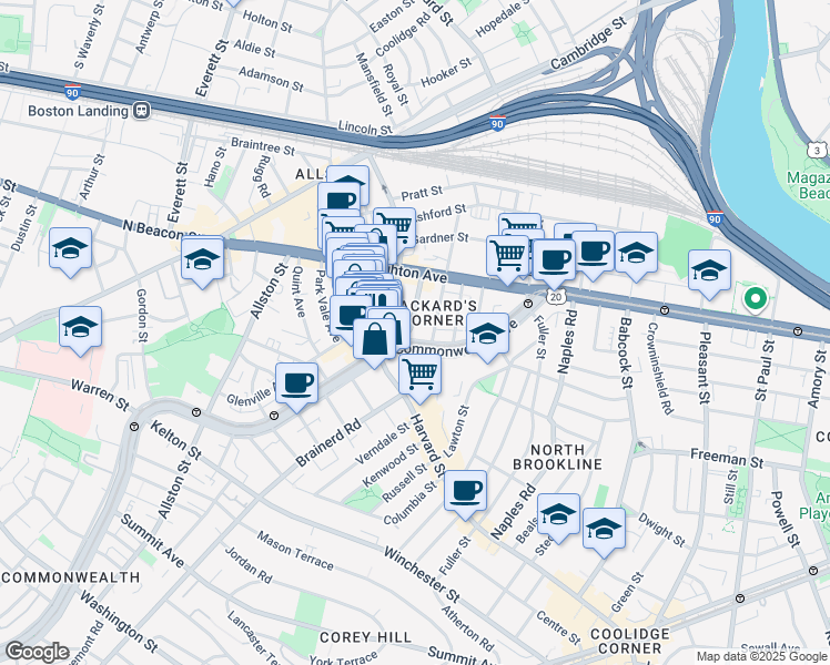 map of restaurants, bars, coffee shops, grocery stores, and more near 1197 Commonwealth Avenue in Boston