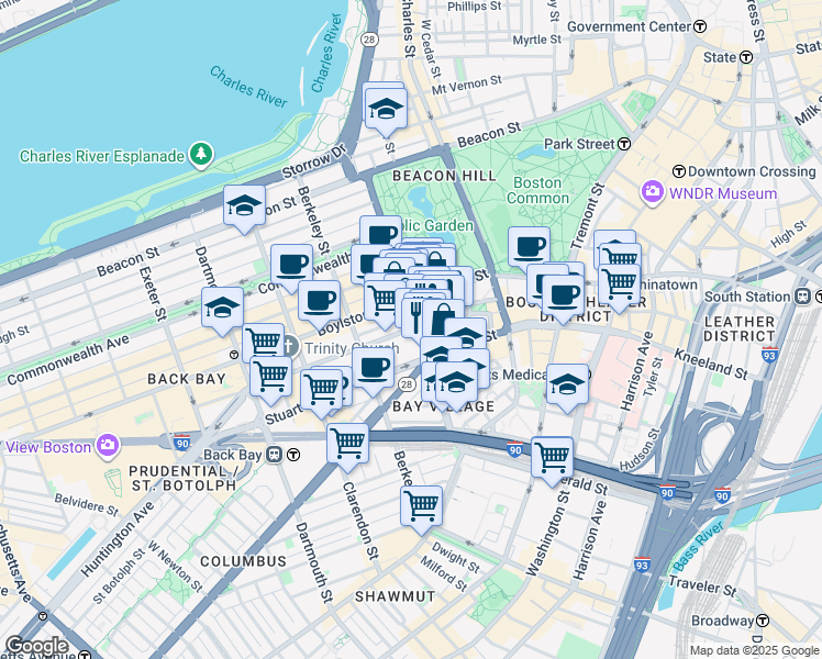 map of restaurants, bars, coffee shops, grocery stores, and more near 10 Saint James Avenue in Boston