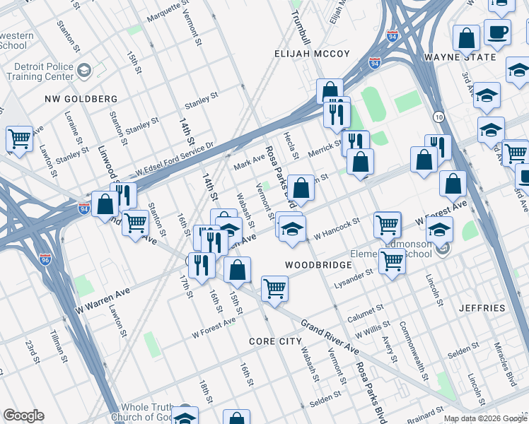 map of restaurants, bars, coffee shops, grocery stores, and more near 5049 Vermont Street in Detroit