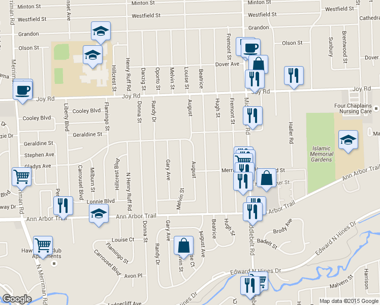 map of restaurants, bars, coffee shops, grocery stores, and more near 8317 August St in Westland