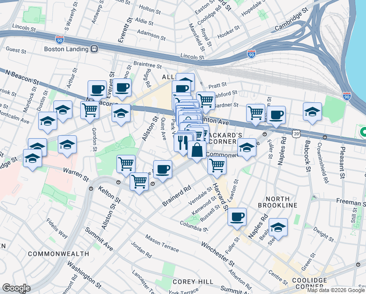 map of restaurants, bars, coffee shops, grocery stores, and more near 15 Glenville Avenue in Allston